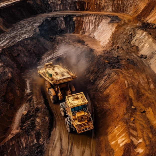 露天掘りでの石炭採掘 大型採石場ダンプ トラック 大きな黄色の採掘トラック生成 AI
