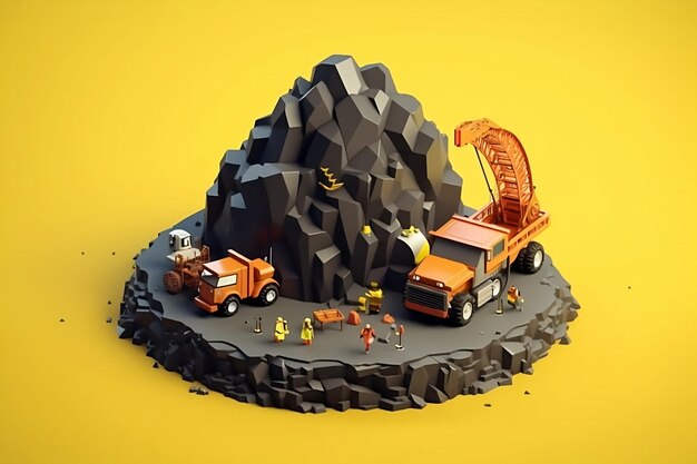 Photo coal mining with pile of coals mount with circular style 3d low poly isometric generative ai