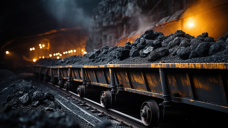 Photo coal moving along a conveyor belt