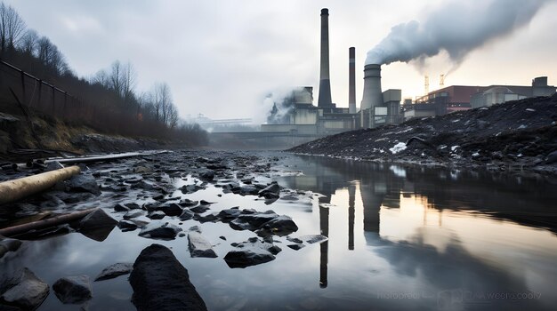 Foto una centrale a carbone vicino a un fiume con cenere e detriti di carbone che contaminano l'acqua