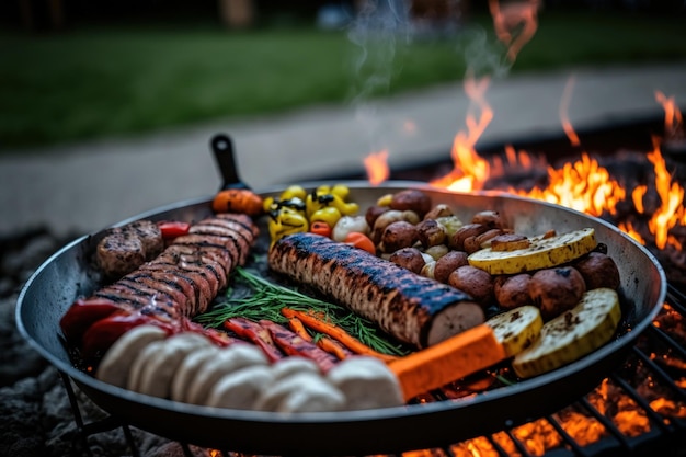 Over the coals on a barbeque a variety of delectable grilled meat and bratwurst were served with vegetables