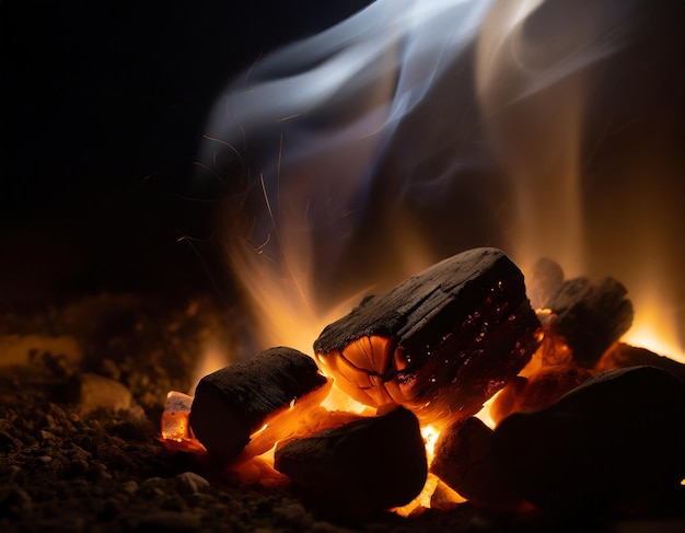 Coals burn in the night Charcoal smoldering in the dark