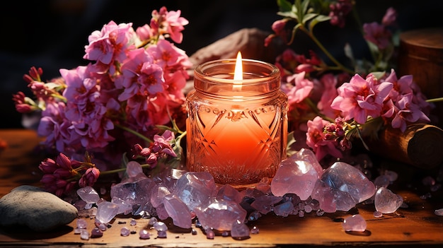 Photo coarse salt lit candle crystal and flowers 8k ultra real