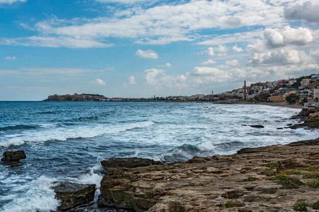 The coast of the island of Crete near the city of Reus with a view of the Venetian Fortress Greece