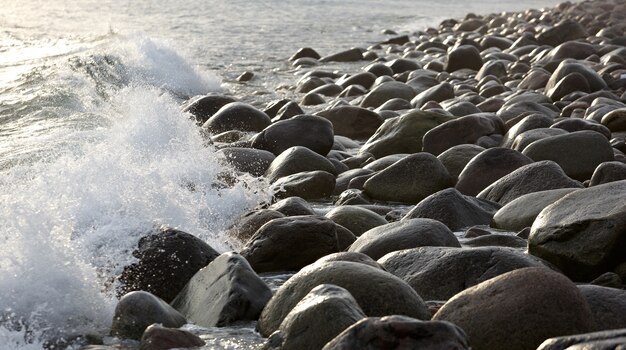 The coast, with stone boulders. Barents sea, Russia.