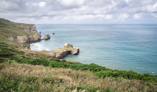 Costa con acque turchesi dell'oceano e scogliere di arenaria di varie forme tunnel beach nuova zelanda