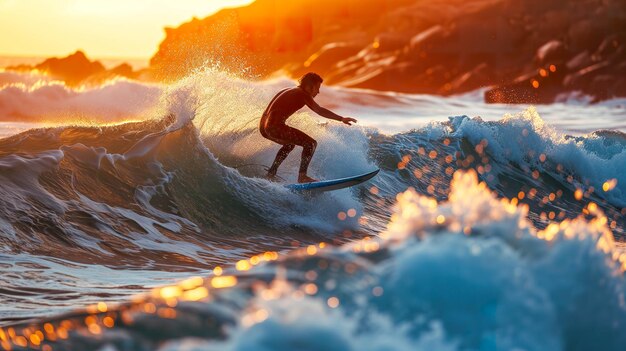 Coastal Adventure Dynamic Surfer in Action on Wavy Sea