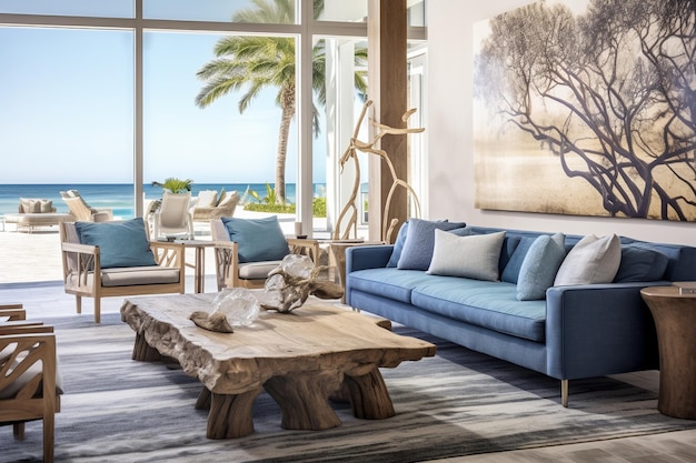 Coastal beach house living room with a breezy nautical theme and coastal decor