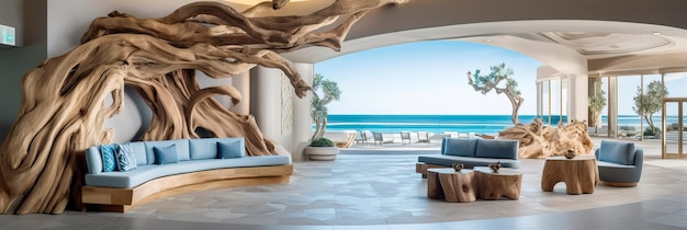 Photo coastal beachfront hotel lobby with coastal decor driftwood accents and panoramic ocean views generative ai