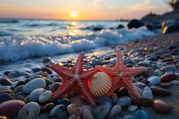 Coastal beauty duo of starfish grace sandy beach at mesmerizing sunset