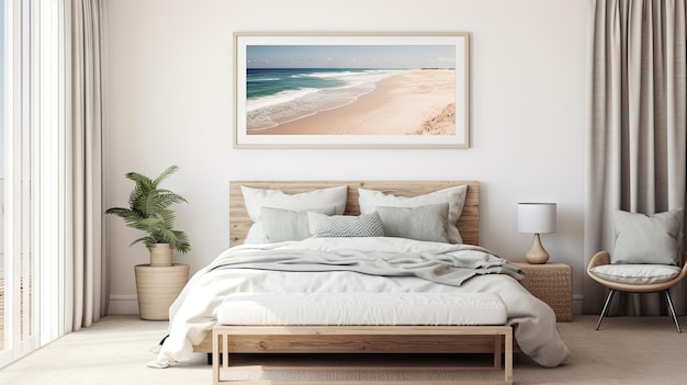 Coastal boho mockup frame in bedroom