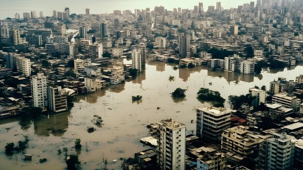 海面の上がりによって浸水した沿岸都市と浸水した建物