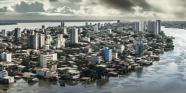 A coastal city engulfed by rising sea levels with submerged buildings