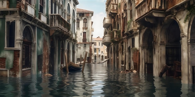 A coastal city engulfed by rising sea levels with submerged buildings