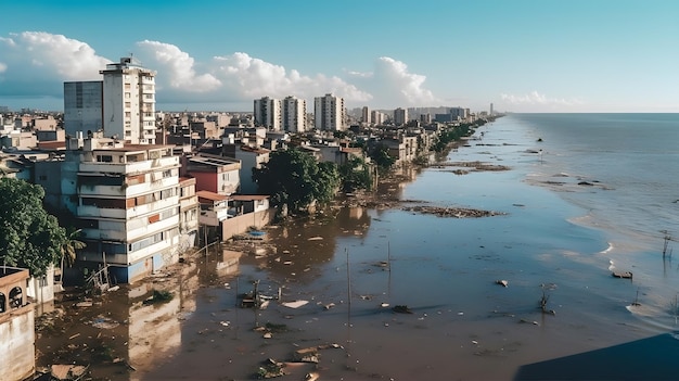 A coastal city engulfed by rising sea levels with submerged buildings