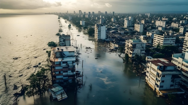 A coastal city engulfed by rising sea levels with submerged buildings