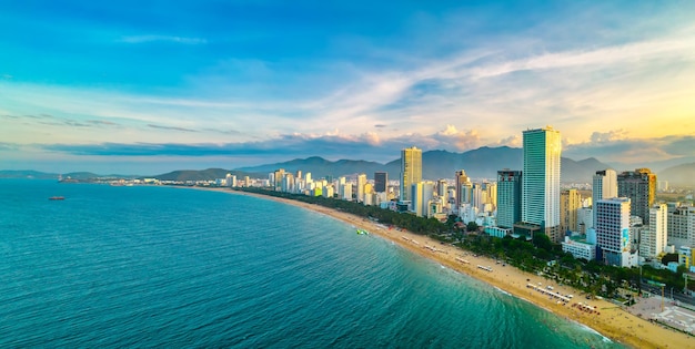 The coastal city of Nha Trang seen from above in afternoon with its beautiful city and clean sandy