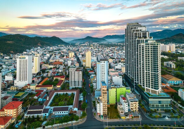 The coastal city of Nha Trang seen from above in the afternoon with its beautiful city