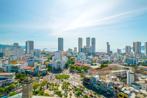 The coastal city of Nha Trang seen from above on a sunny summer afternoon.