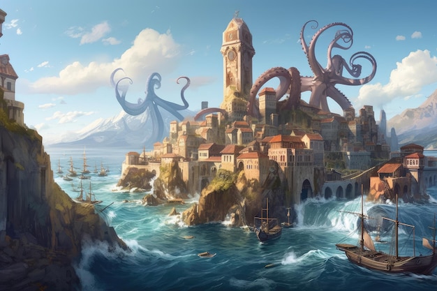 Coastal city with octopus kraken attacking its waterfront