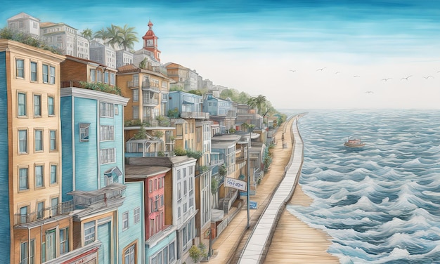 a coastal city with water levels creeping up colored pencil sketch
