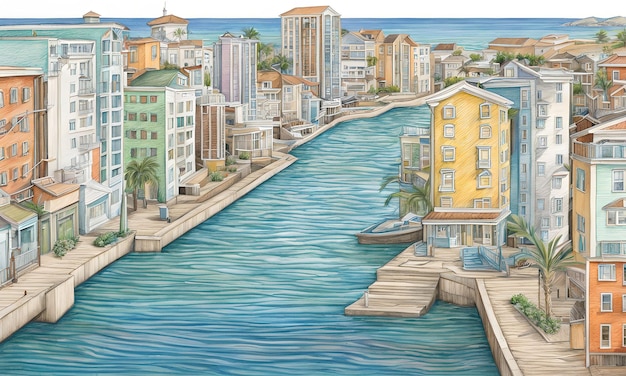 a coastal city with water levels creeping up colored pencil sketch