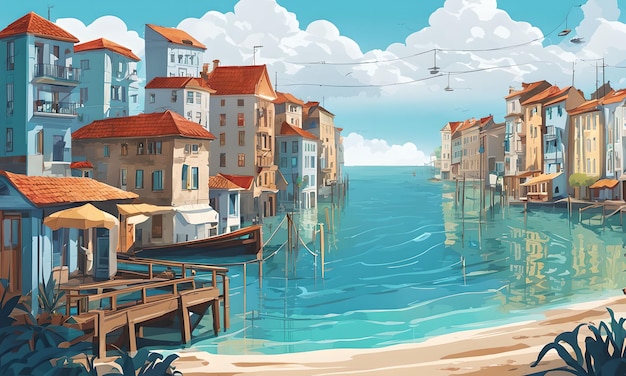 a coastal city with water levels creeping up digital art design