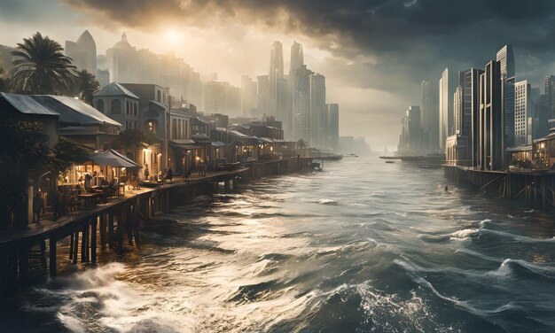 Foto una città costiera con livelli d'acqua che si insinuano in stile surrealismo