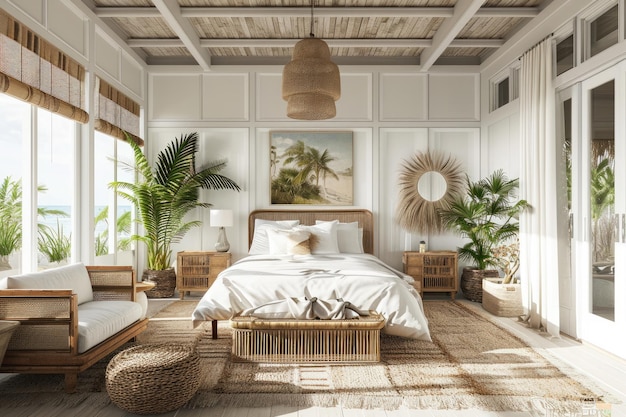 Белый тропический макет спальни для расслабляющего интерьера