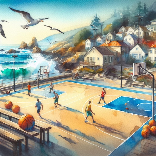 coastal competition basketball court in serene town sandy dribble waves watercolor artwork