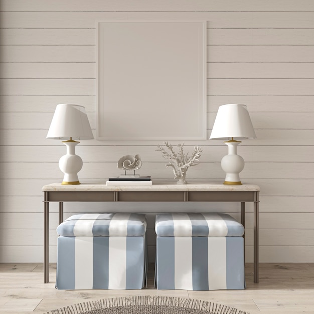 Coastal design room Hampton style and mockup frame in cozy home interior 3d render illustration