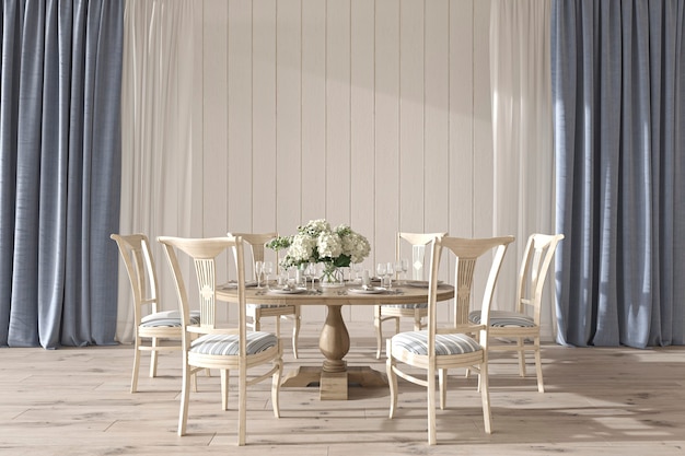 Coastal design wedding room interior with dining table i Hampton style 3d render illustration