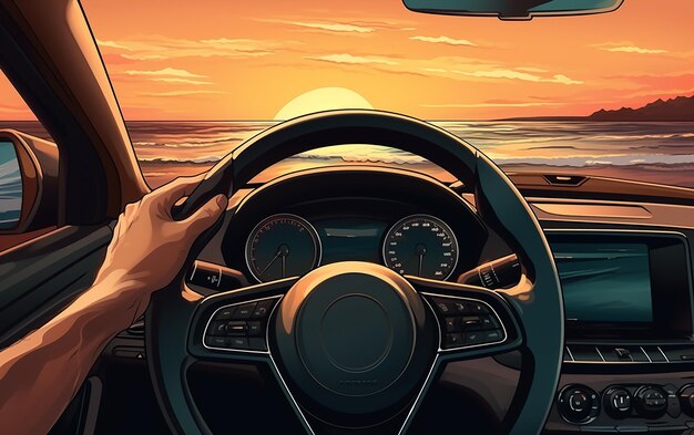 Coastal Drive Bliss Hands of a Driver Holding the Steering Wheel on a Sea Trip