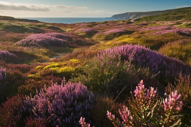 Photo coastal field with blooming heather