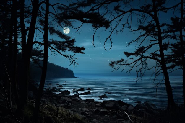 Coastal Forest Night Background with Ocean Breezes