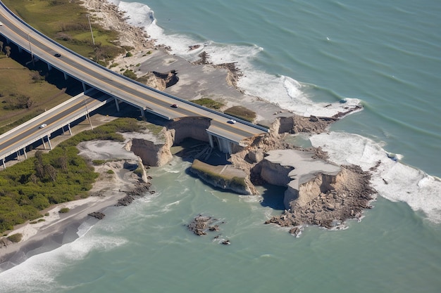 Coastal highways washed out by storm surge and erosion during a hurricane