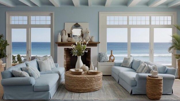 Photo coastal home interior design with photo frame and lamp