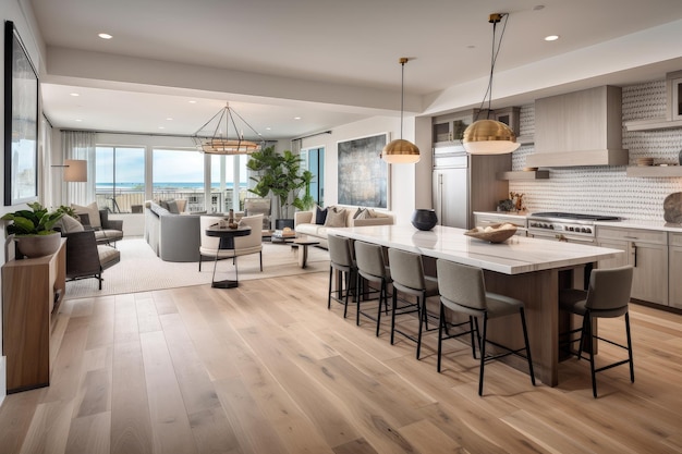 Coastal home with open floor plan dining room and kitchen separated by sleek bar
