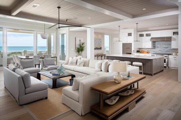 Premium AI Image Coastal Home With Open Floor Plan And Modern Furnishings premium-ai-image-coastal-home-with-open-floor-plan-and-modern-furnishings