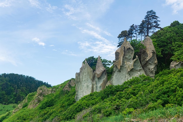 Paesaggio costiero bellissime rocce laviche sulla costa verde dell'isola di kunashir