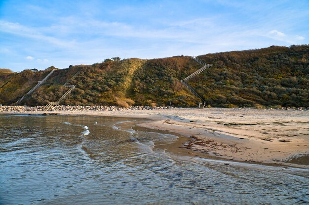 Coastal landscape in Denmark with sandy beach and waves in the ocean Ocean landscape