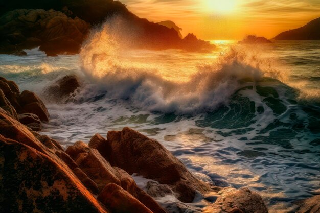 Coastal landscape at sunset waves crashing on the rocks