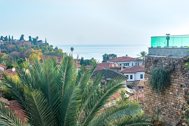 Coastal landscape with ancient coastal Mediterranean city Kaleici historic center of Antalya Turkey