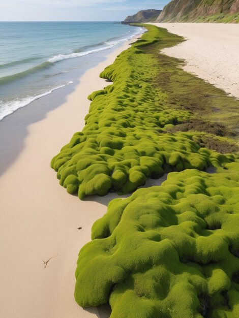 A coastal landscape with green seaweed forming a border along the sandy shore