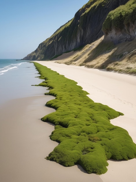 A coastal landscape with green seaweed forming a border along the sandy shore