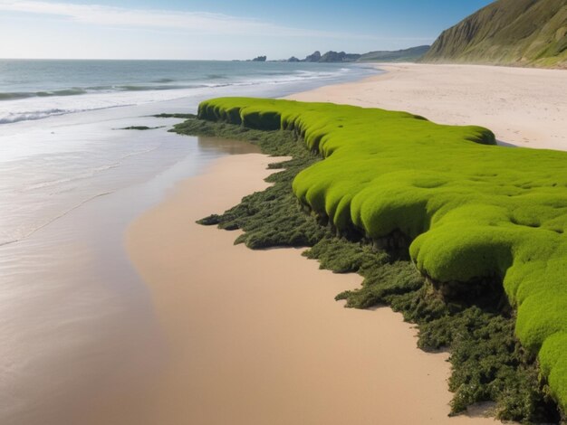 A coastal landscape with green seaweed forming a border along the sandy shore