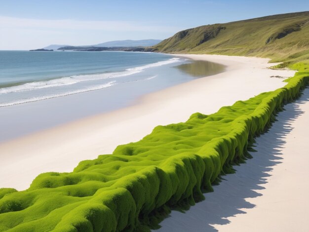 Прибрежный ландшафт с зелеными водорослями, образующими границу вдоль песчаного берега