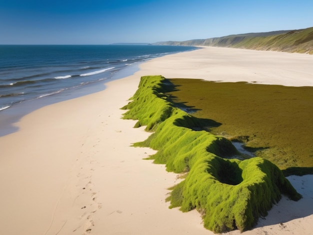 A coastal landscape with green seaweed forming a border along the sandy shore