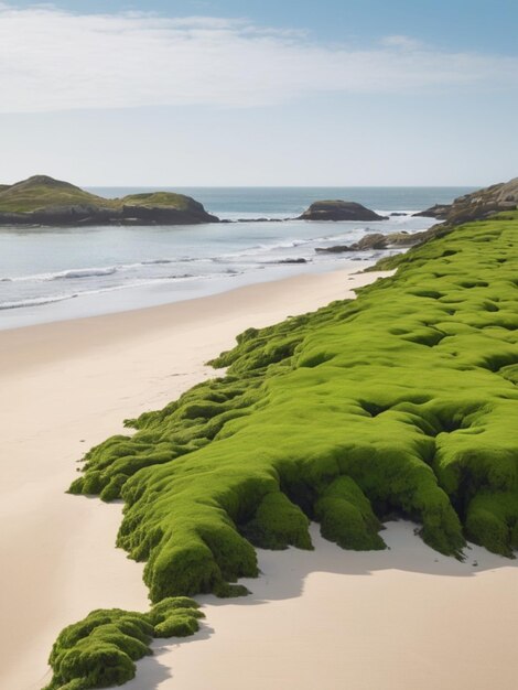 A coastal landscape with green seaweed forming a border along the sandy shore