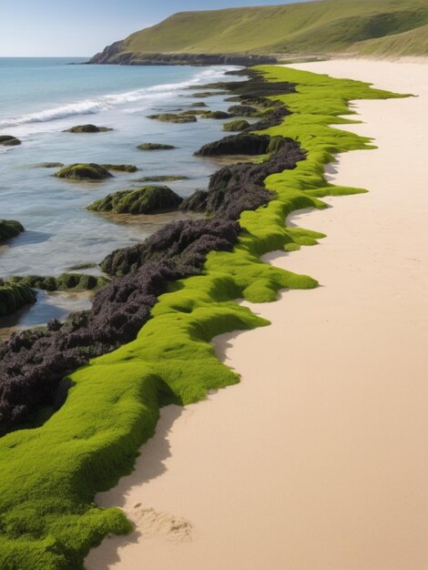 A coastal landscape with green seaweed forming a border along the sandy shore